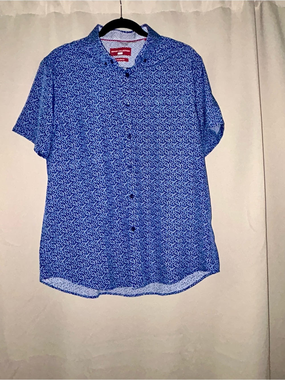 Report Collection Blue Short-Sleeve Button-Down Shirt with Micro Floral Print